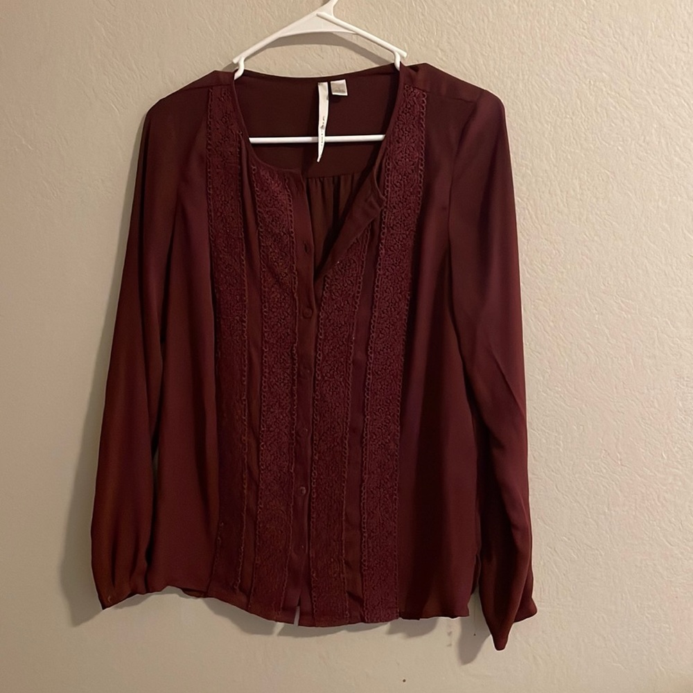 Small Burgundy button-down blouse with lace detailing